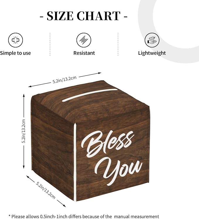 Bless You Tissue Box Cover Square,Wooden Board Texture Tissue Box Holder Waterproof Leather Facial Paper Organizer Dispenser for Bathroom Home Car Nightstand Vanity Desk
