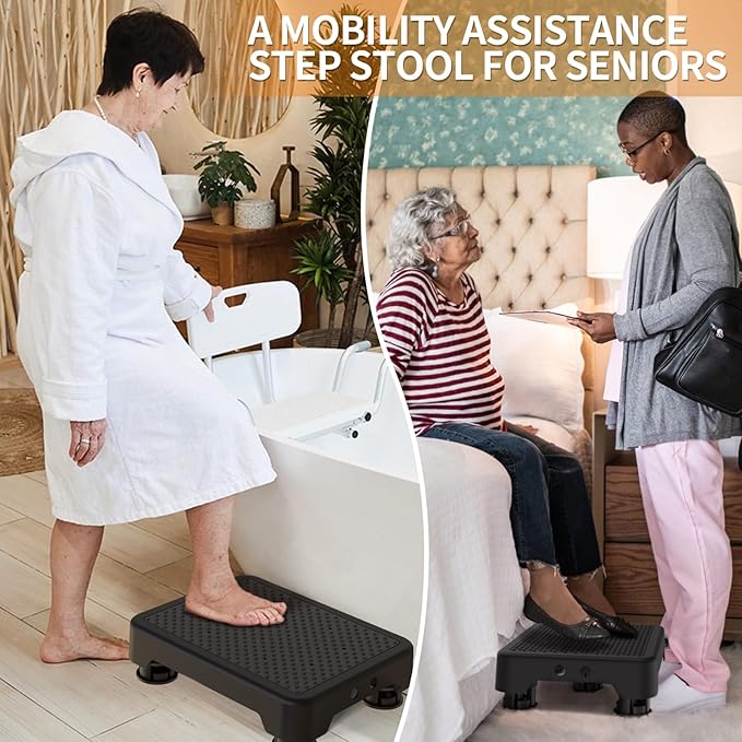 Ronlap Small Step Stools for Adults Car Step Stool for Elderly, Black-Black | Adjustable short one-step plastic platform for seniors & mobility assistance, use by bed, shower, car, RV, stairs & outdoor