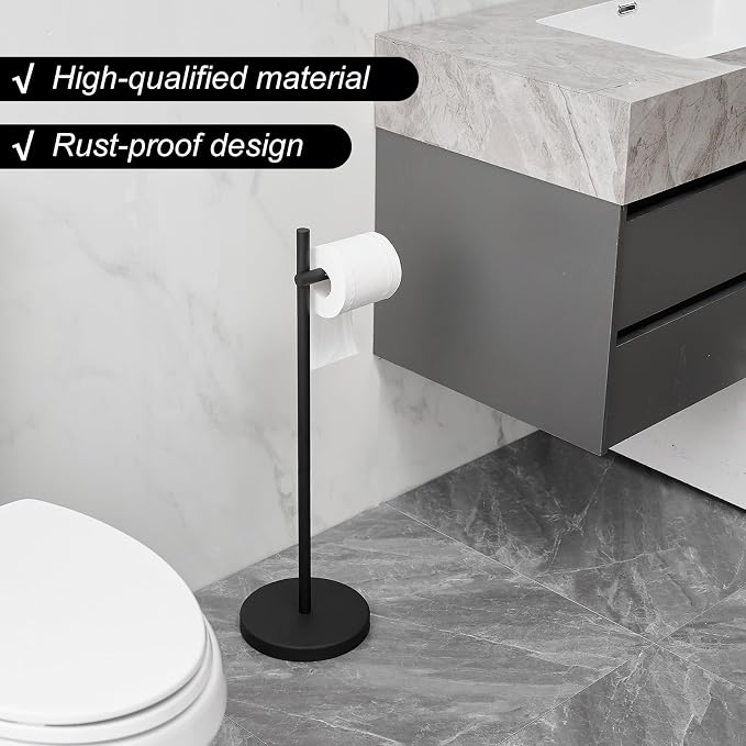 BWE Black Free Standing Toilet Paper Holder for Bathroom Tissue Storage | with Non-slip Stable Base,Stainless Steel,Easy Position Adjustment,Anti-Tip Stable Structure,Spare Space For Extra Roll