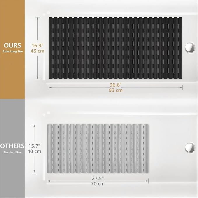 OTHWAY Non Slip Bathtub Mat, Soft TPE Black Shower Mat with Suction Cups | 36.6" x 16.9" Bath Mat for Tub Non Slip, Machine Washable Shower Floor Mat with Drain Holes