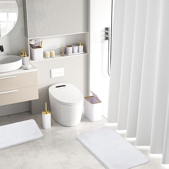 Bathroom Accessory Set - Bathroom Set, 27PC Bathroom Accessories Set, White Bathroom Sets with Shower Curtain and Rugs, Mini Trash Can, Toilet Brush, Trash Can & Soap Dispenser