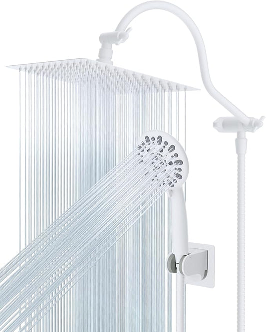 Hibbent All Metal High Pressure Rainfall 10'' Shower Head, Handheld Showerhead Combo, 12'' Adjustable Shower Extension Arm, 7-Spray, 71'' Hose, Adhesive Showerhead Holder, White
