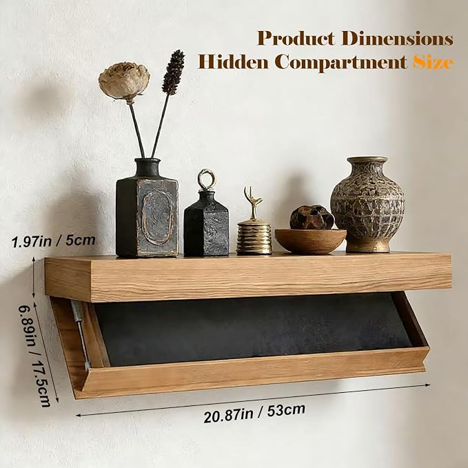 Floating Hidden Shelves for Wall with Concealed Storage Drawer, Hidden Shelf Night Stand with Secret Compartment, for Home Office Living Room, Wood