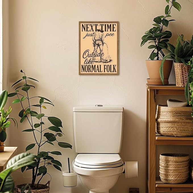 Funny Western Cowboy Bathroom Wall Art Vintage Next Time Pee Outside Like Normal Folk Wall Decor Picture Unique Southwest Restroom Canvas Printing Print 12X16 inch Wood Framed