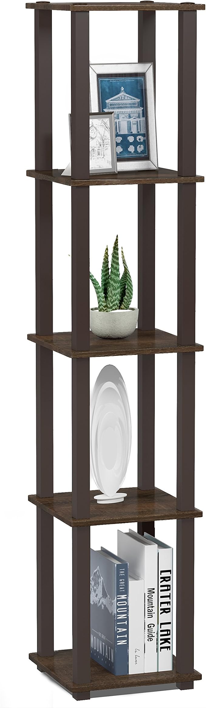 FURINNO Turn-S-Tube 5-Tier Corner Square Rack Display Shelf, Walnut/Brown | Open Frame, Corner Shelf, Free Standing Open Shelves, for Organization and Storage, Living Room, Garage, Home Office