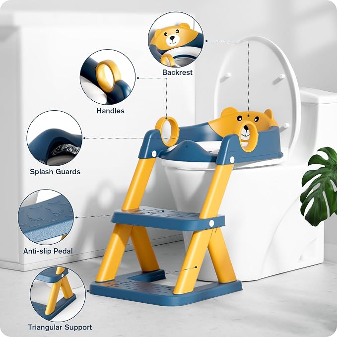 Rabb 1st® Potty Training Seat, Toddler Toilet Seat for Kids Boys Girls, 2 in1 Potty Training Toilet with Step Stool, 6 Adjustable Height, Splash Guard, Stable Triangular Anti-Slip Design