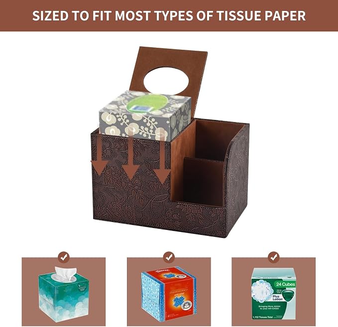 PU Leather Tissue Box Cover Square Tissue Holder Tissues Box Organizer with 2 Compartment,Remote Control Holder,Multifunctional Decorative Tissue Box Covers Cube,Home Office Desktop Storage Box,Retro