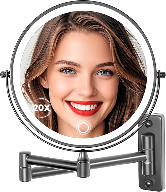 9" Large Wall Mounted Lighted Makeup Mirror, 5000mAh Rechargeable 1X/20X Magnifying Mirror with 3 Color Lights Touch Dimmable, Extended Arm 360° Swivel Bathroom Wall Mounted Makeup Mirror,Black Nickel