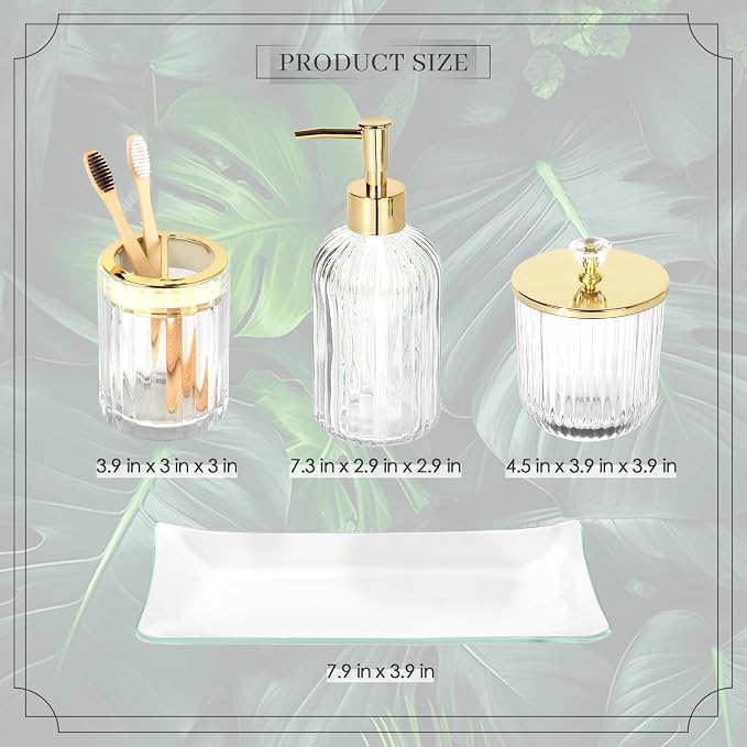 Designer Clear Glass Bathroom Accessories Sets - 4 Pcs with Lotion Soap Dispenser, Bathroom Toothbrush Holder, Vanity Tray, and Apothecary Jar, Vintage Bathroom Decor, Gift Countertop Organizer