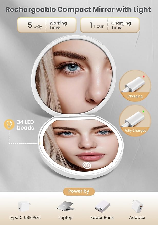 Compact Mirror with Light, Rechargeable 40X Magnifying Mirror with 3 Lighting Modes & Dimmable Brightness, Portable Travel Makeup Mirror; Essentials for Travel, Pocket, Purse Gifts White