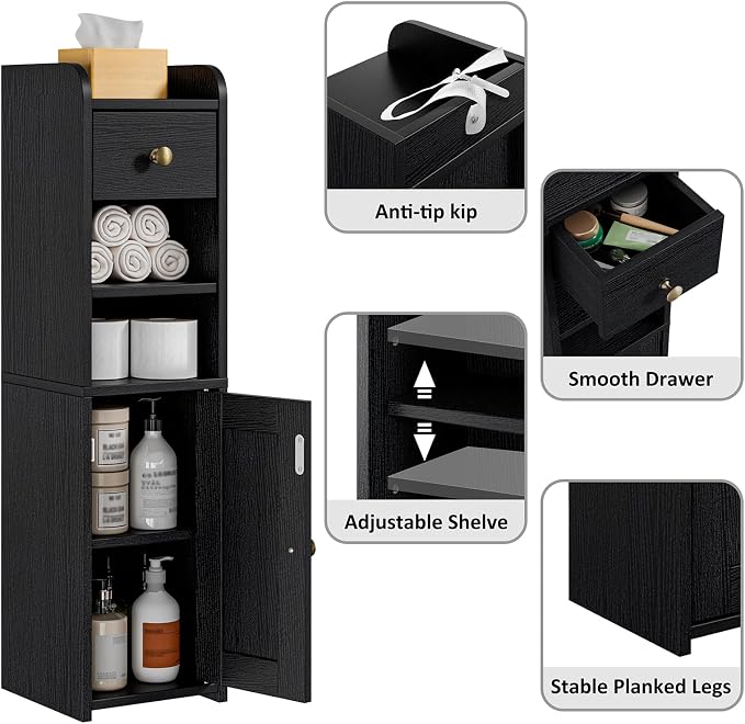Lomojo Small Bathroom Storage Cabinet with Drawer,7.75L*7.75D*29.6H(Black) | Narrow Toilet Paper Holder, Corner Floor Cabinet with Doors and Drawer for Bathroom Small Space, Adjustable Shelf Organizer