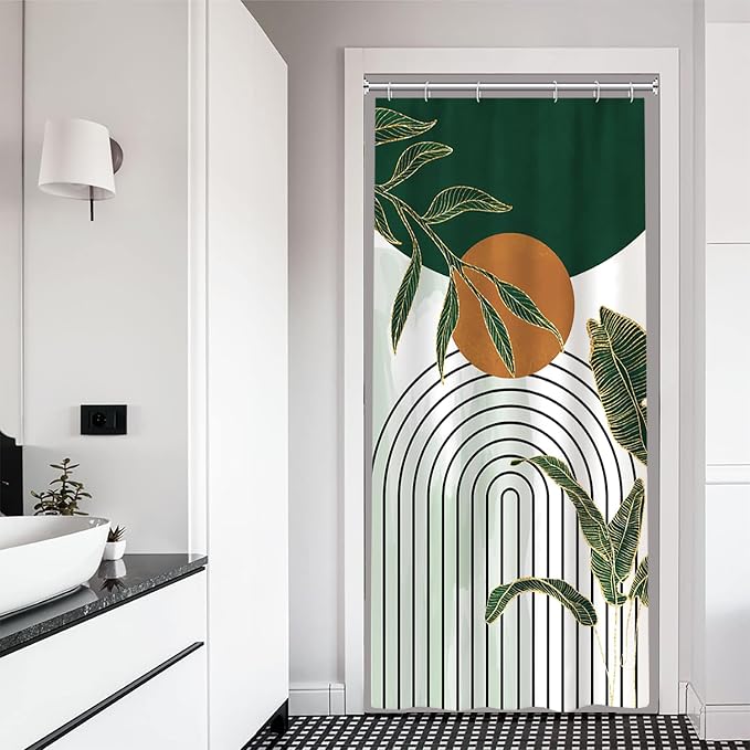 Abstract Boho Green Stall Shower Curtain with Hooks 36x72 Inch | Waterproof Small Emerald-green Leaves Bathroom Curtain for Shower Stall, Machine Washable