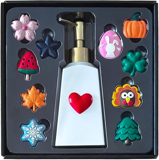 Seasonal Soap Dispenser with 11 Interchangeable Magnets - Seasonal Decor - Farmhouse Bathroom Kitchen Decor (Resin,Built in Magnet) - 8.82oz (Gold)