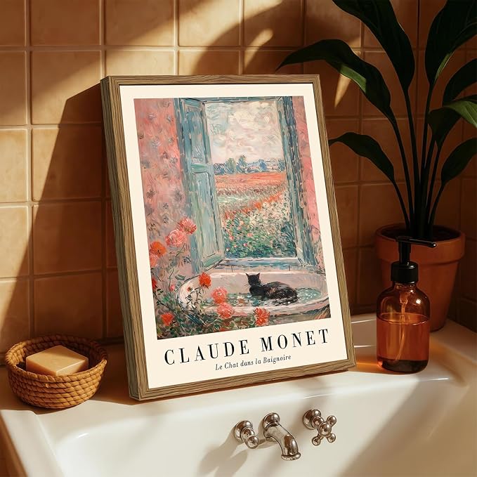 Vintage Black Cat Bathroom Wall Art Cute Cat in Bathtub Wall Decor Picture Claude Monet Animal Bathroom Canvas Painting Prints 24x16 inch Wood Framed