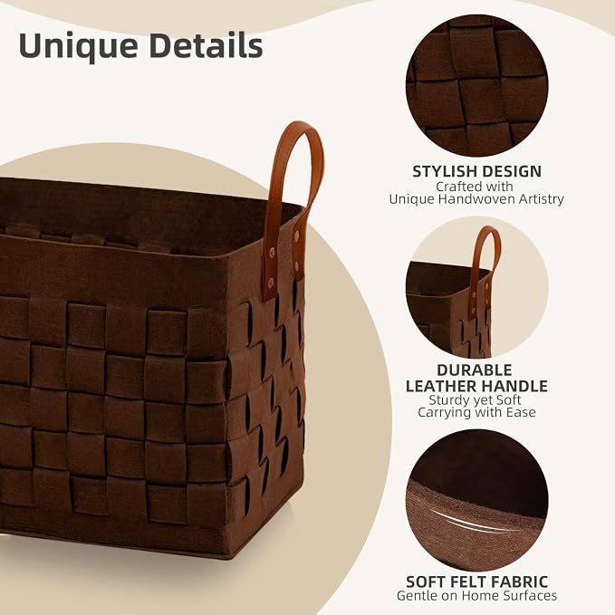 Laundry Basket 16.5 " x13 x13 , Large Rectangular Felt Fabric Blanket Basket with Leather Handle, Dirt Clothes Laundry Hamper for Babies, Dogs and Living Room-Brown