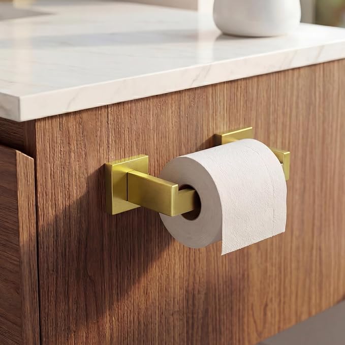 Toilet Paper Holder Wall Mount Brushed Gold Stainless Steel | Toilet Tissue Roll Holder Bathroom Square Toilet Paper Towel Roll Holder Double Post Pivoting Tissue Handle