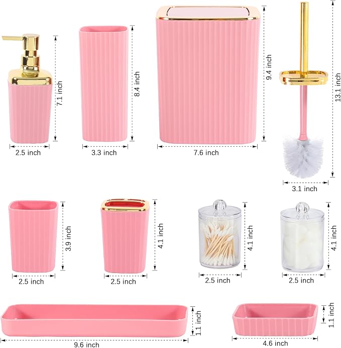 9 PCS Pink Bathroom Accessories Set with Trash Can Bathroom Accessory | All-in-One Kit with Trash Can,Toothbrush Holder,Soap Dispenser,Toothbrush Cup,Vanity Tray,Soap Dish,Toilet Brush etc for Home