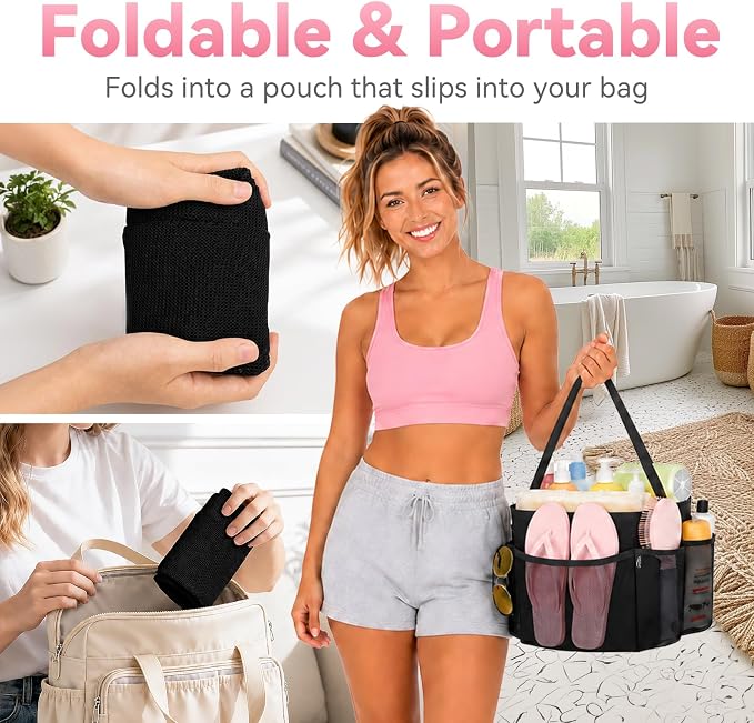Mesh Shower Caddy Portable for Dorm College Room Essentials, 8-Pocket Large Shower Bag with Single Handles, Hanging Shower Basket for Beach, Swimming, Bathroom, Beach, Black