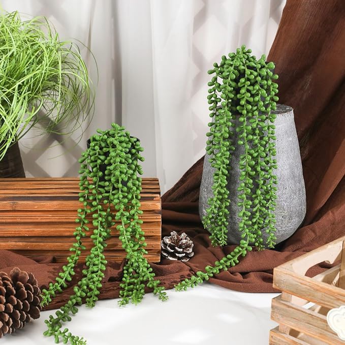 2pcs Fake Hanging Plants Fake Potted String of Pearls Succulent Plants Small Faux Plants for Indoor Outdoor Shelf Wall Decor