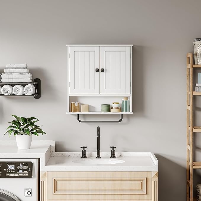 RRX Bathroom Cabinet Wall Mounted Medicine Cabinets with Towels Bar (White) | Over The Toilet Storage Cabinet with 2 Doors and Adjustable Shelf, White Wall Cabinet for Bathroom Laundry Kitchen