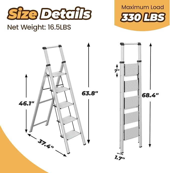 HBTower 5 Step Ladder, Lightweight Aluminum Folding Step Stool | Anti-Slip Wide Pedal, 330lbs Capacity Step Ladder for Household Kitchen Office, Light Silver