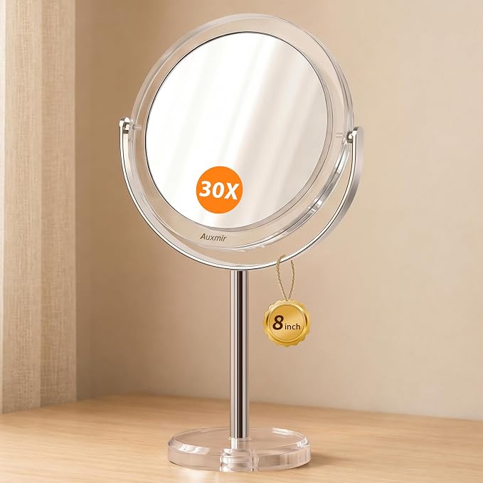 Auxmir 1X/30X Double-Sided Makeup Mirror, 8" Magnifying Mirror | 360°rotation, tweezers, vanity desk table stand travel, stainless steel and ABS construction, 30X magnification