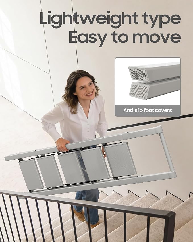 HillhutApex Aluminum 5 Step Ladder, Step Stool Foldable Ladder(Pale Grey) | Stepladder with Handgrip,Anti-Slip Pedals,330lbs Capacity,Lightweight Portable Folding Ladder for Home,Office,Libaray