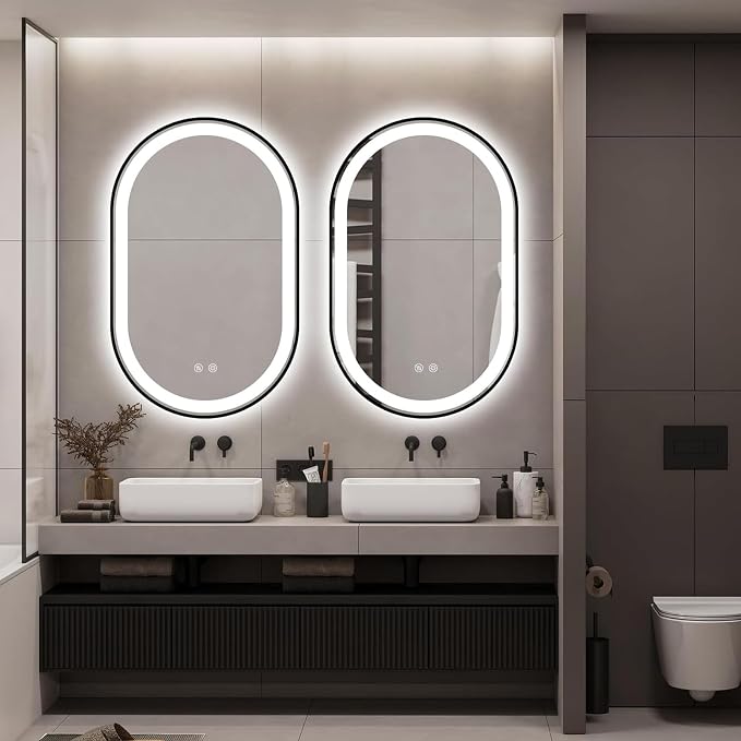 Oval LED Bathroom Mirror, Backlit + Front Lit Mirror Black Frame | 3 Color Dimmable, Anti-Fog, 32"x20", Memory Function, Shatter-Proof, HD Glass, Pill-Shaped Mirror, Vertical or Horizontal
