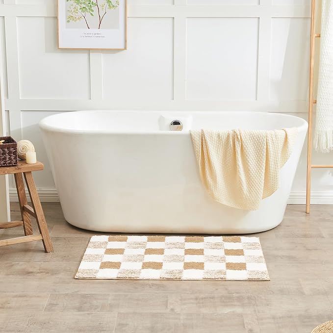 CozeCube Beige Checkered Bath Mat 32"x20" Non Slip Washable Rug | For Bathroom Non Slip, Fluffy Absorbent Microfiber Bath Mats Machine Wash, Stylish Cute Aesthetic Bathroom Rugs