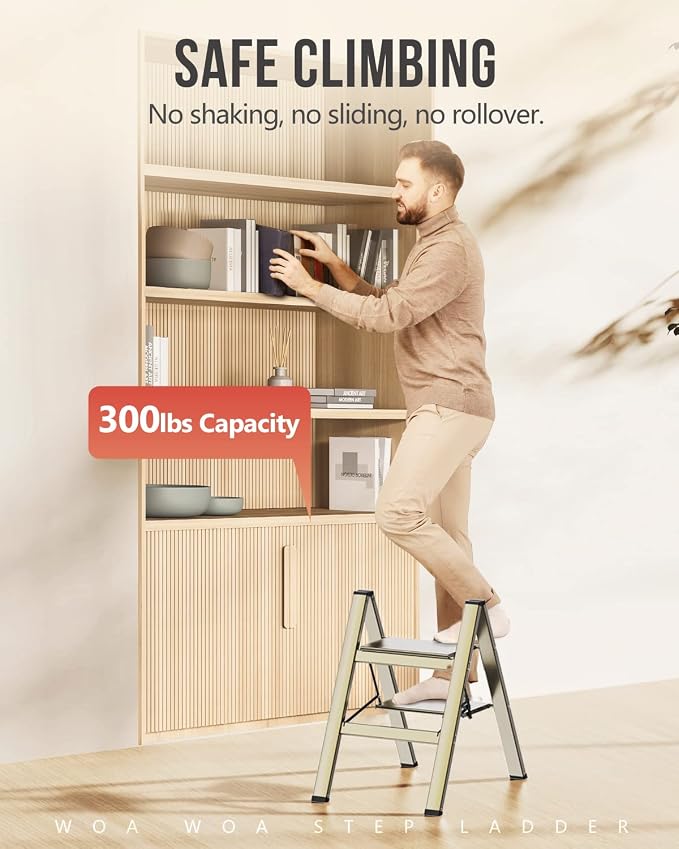 2 Step Foldable Step Stool, 300lbs Load, Gold | Folded 27''H x 2''T; Net 6.6 lbs; Non-Slip Feet: Wood/Tile/Carpet; Rigid Aluminum Steps; No Assembly; Ready From Box.
