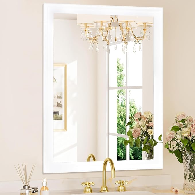 Tanmicoshomy White Rectangle Bathroom Wall Mirror 30x40 Inch | Tempered Glass, 4 Pre-Installed D-Ring Hooks, Vertical/Horizontal Wall Mount for Bedroom Living Room