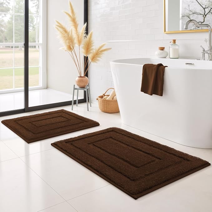 GRANNY SAYS Brown Bathroom Rugs Set 2 Piece, Non Slip Microfiber Bath Mats | Soft microfiber with TPR backing, fast water absorption, machine washable 2 piece bath rug set for Tub, Shower, Toilet