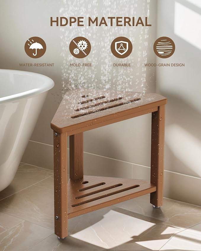 Teak Shower Foot Rest 15in, HDPE Waterproof Shower Stool for Inside Shower, Corner Shower Stool for Shaving Legs with Storage Shelf for Small Space, Shower Step Stool, Plastic Corner Shower Bench