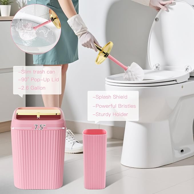 21PCS Bathroom Sets with Shower Curtain and Rugs Bathroom Accessories Set Pink Bathroom Set Complete with Trash Can, Toilet Brush, Qtip Holder & 3PCS Soap Dispenser
