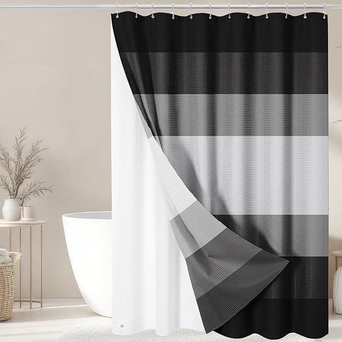 3 in 1 Shower Curtain and Liner,72 x 72 inch, Striped Grey | Black White Shower Curtain and PEVA Liner Set with 12 Rust-Resistant Metal Hooks, Waterproof Fabric Curtains for Bathroom