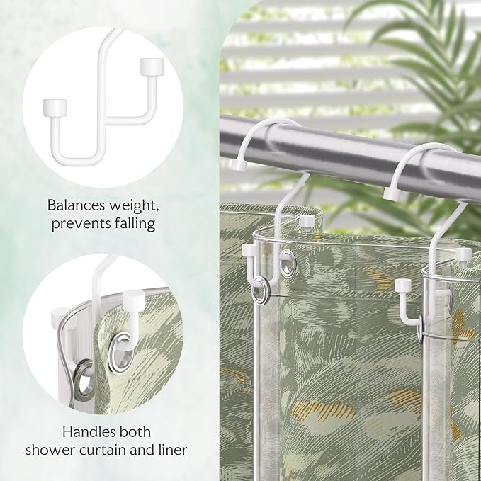 Bathway 12-Pack Double Shower Curtain Hooks, Rust-Resistant Metal Shower Curtain Rings with High-Low Design to Separate Liner & Curtain, Smooth Glide, White