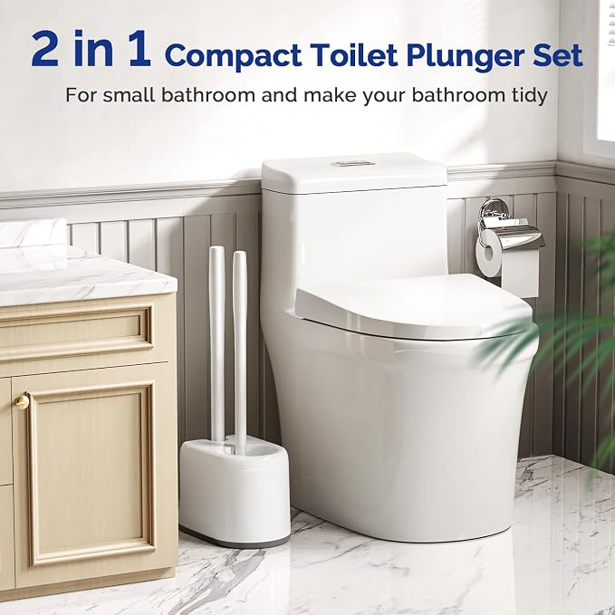 HAMITOR Toilet Plunger Brush Set: Curved Bristles Design for Deep Cleaning | Deep Cleaning Under Rim, Heavy Duty Rubber for Unclog- Compact Bathroom Cleaning Tools for New Homet Essentials - White