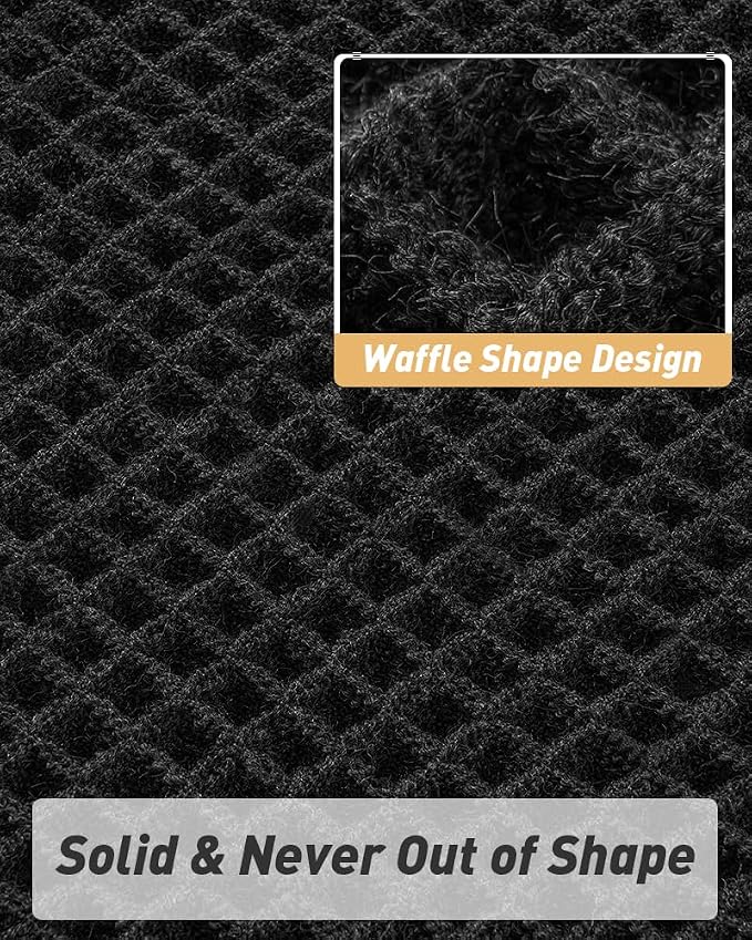 Upgraded Waffle Bath Mat Set of 2 Super Absorbent Non Slip Bath Mats for Bathroom Floor, Washable Boho Bathroom Rugs Set 2 Pieces with Tassels, Soft Bathroom Mat Set, Black, 17" x 24" Plus 20" x 32"