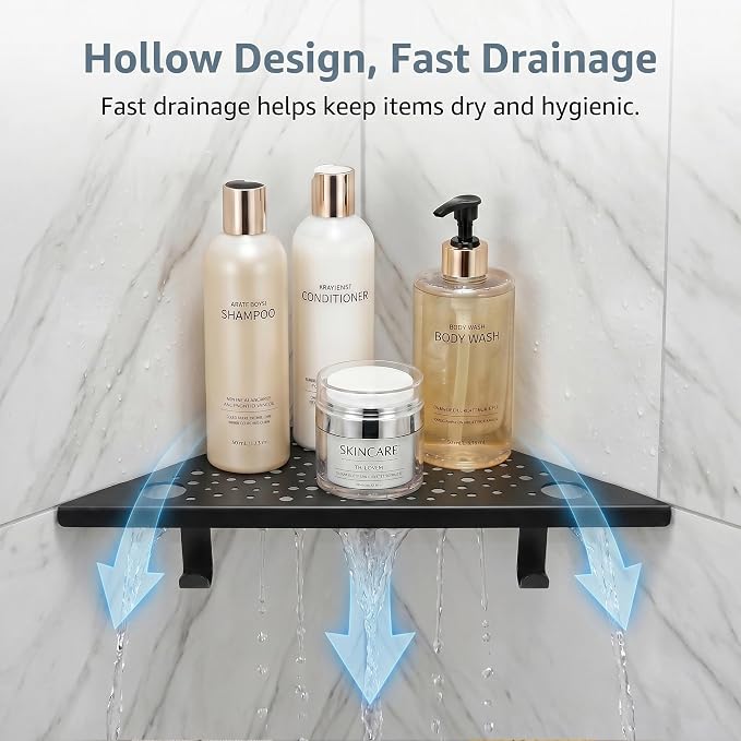 HIDROP Matte Black Corner Shower Shelves with Hooks and Razor Holes, 2 Pack | 4 Hooks & 4 Razor Holes, 10" Bathroom Corner Shelf, 1.5mm Thickened Stainless Steel, Fast Drainage, Tiled Shower Corner Shelf