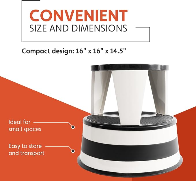 Round Step Stool for Kitchens, Cramer Kik-Step Heavy Duty Rolling Steel Stool, Non-Slip, Holds 350 lbs (White)