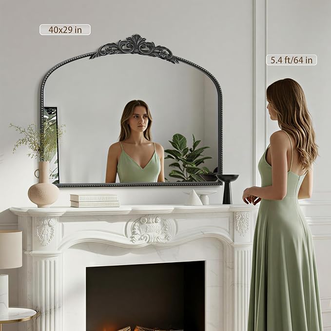 Micasso Vintage Black Wall Mirror: 40"x29" Baroque Antique Arched Mirror | Traditional Ornate French Decorative Mirror for Bedroom/Bathroom/Fireplace/Entryway/Hallway/Dresser/Vanity/Mantel/Nightstand