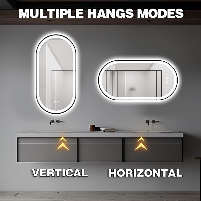 Oval LED Bathroom Mirror, Backlit + Front Lit Mirror Black Frame | 3 Color Dimmable, Anti-Fog, 48"x24", Memory Function, Shatter-Proof, HD Glass, Pill-Shaped Mirror, Vertical or Horizontal