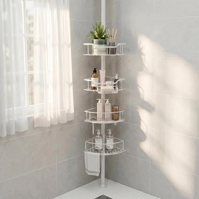 Corner Shower Caddy Tension Pole, 4-Tier Fan-Shaped Adjustable Rustproof Bathroom Organizer Shelves, 47"-125'', No-Drill Quick Installation for Inside Shower, Bathtub, Black (WHITE)