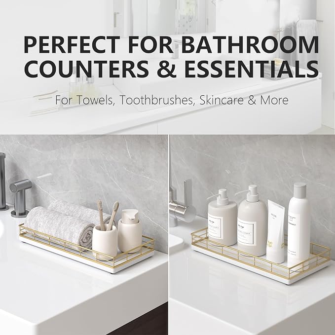 Toilet Paper Basket Organizer, Oak Wood Toilet Tank Tray with Metal Frame | Bathroom Counter Top Storage for Toilet Paper, Wipes & Decor, Modern Narrow Back of Tank Shelf Organizer, Gold & White