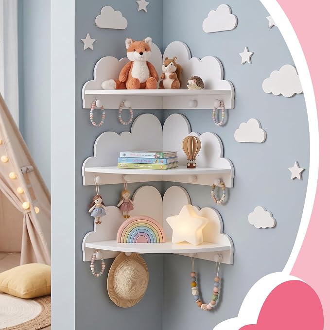 Novabright 3 Pcs Cloud Corner Floating Shelves for Nursery, 90 Degree Wall Mounted Corner Shelf with Hooks, Cute White Dispaly Shelves for Kids Rooms Home Decor - 2 No Hook, 1 with Hook