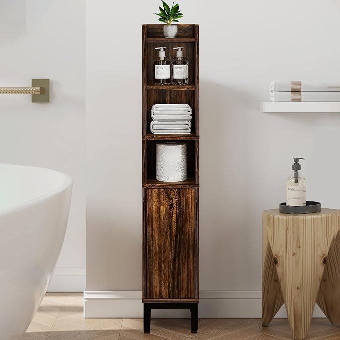 Slim Bathroom Storage Cabinet Narrow Corner Cabinet for Toilet Paper | FerniTry Small Freestanding Cabinet Bathroom Organizer with Adjustable Shelf for Small Spaces Walnut 5 Tiers