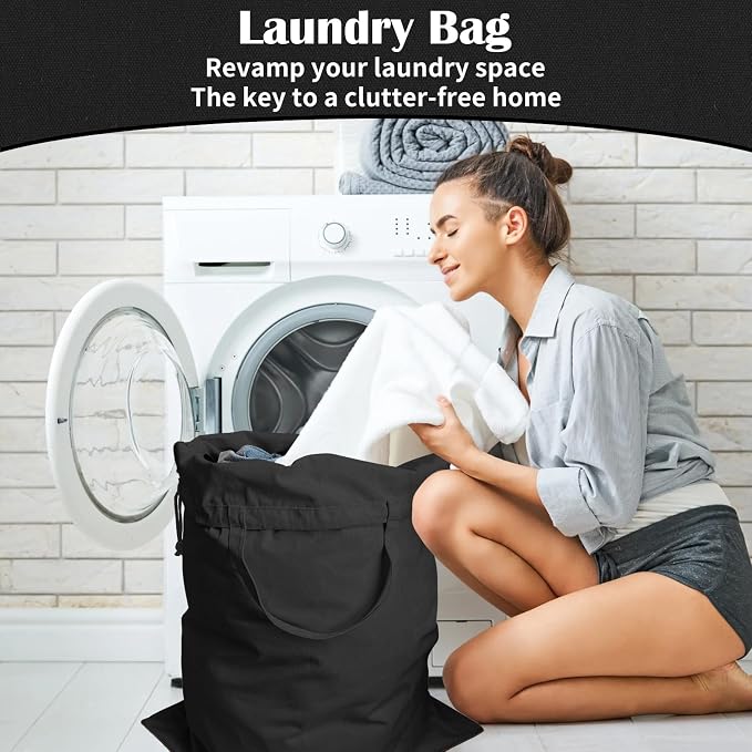 Heavy Duty Canvas Laundry Bag with Handles & Drawstring 30"Wx35"H, L+ Black | Thick Canvas Storage Bag, Large Washable Dirty Clothes Travel Sack for Camp, College Dorm, Laundromat, 1 Pack