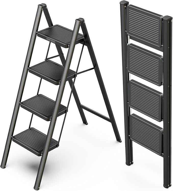 4 Step Foldable Step Stool, 330lbs Load, Black | Folded 46'' H x 2'' T; Net 12.5 lbs; Anti-Slip Feet Grip Wood, Tile, Carpet; Wide Pedals; For Shelves, Repairs.