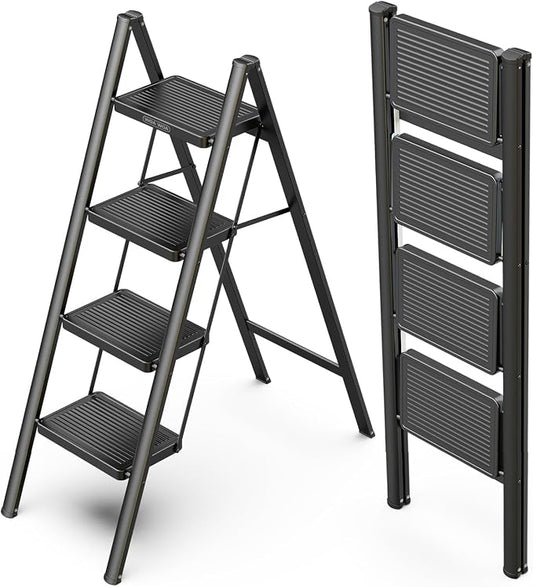 4 Step Foldable Step Stool, 330lbs Load, Black | Folded 46'' H x 2'' T; Net 12.5 lbs; Anti-Slip Feet Grip Wood, Tile, Carpet; Wide Pedals; For Shelves, Repairs.