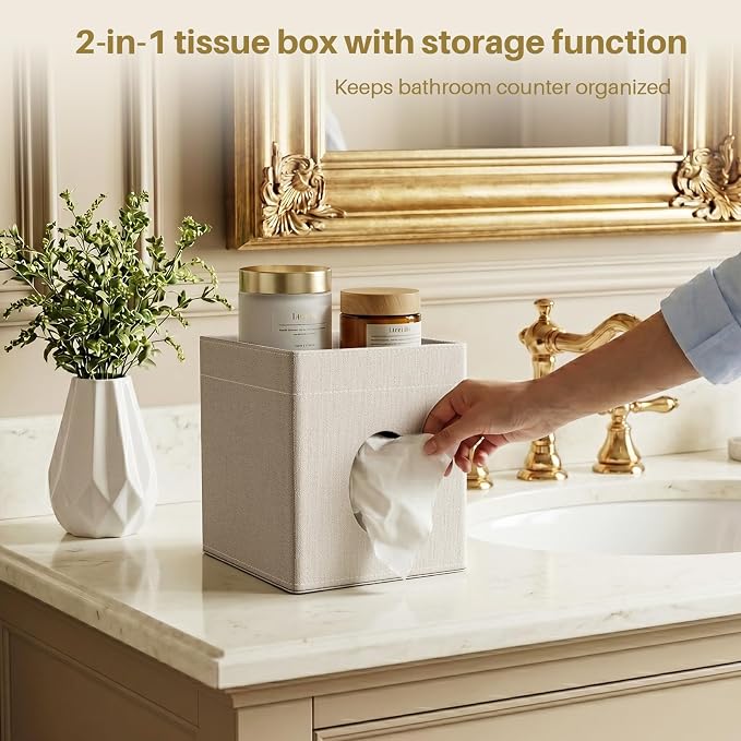 Square Tissue Box Holder with Storage Tray Tissue Box Cover, Tissues Cube Boxes Cover for Nightst, Dining Table, Dressing Table, Tea Table, Coffee Bar (Linen)